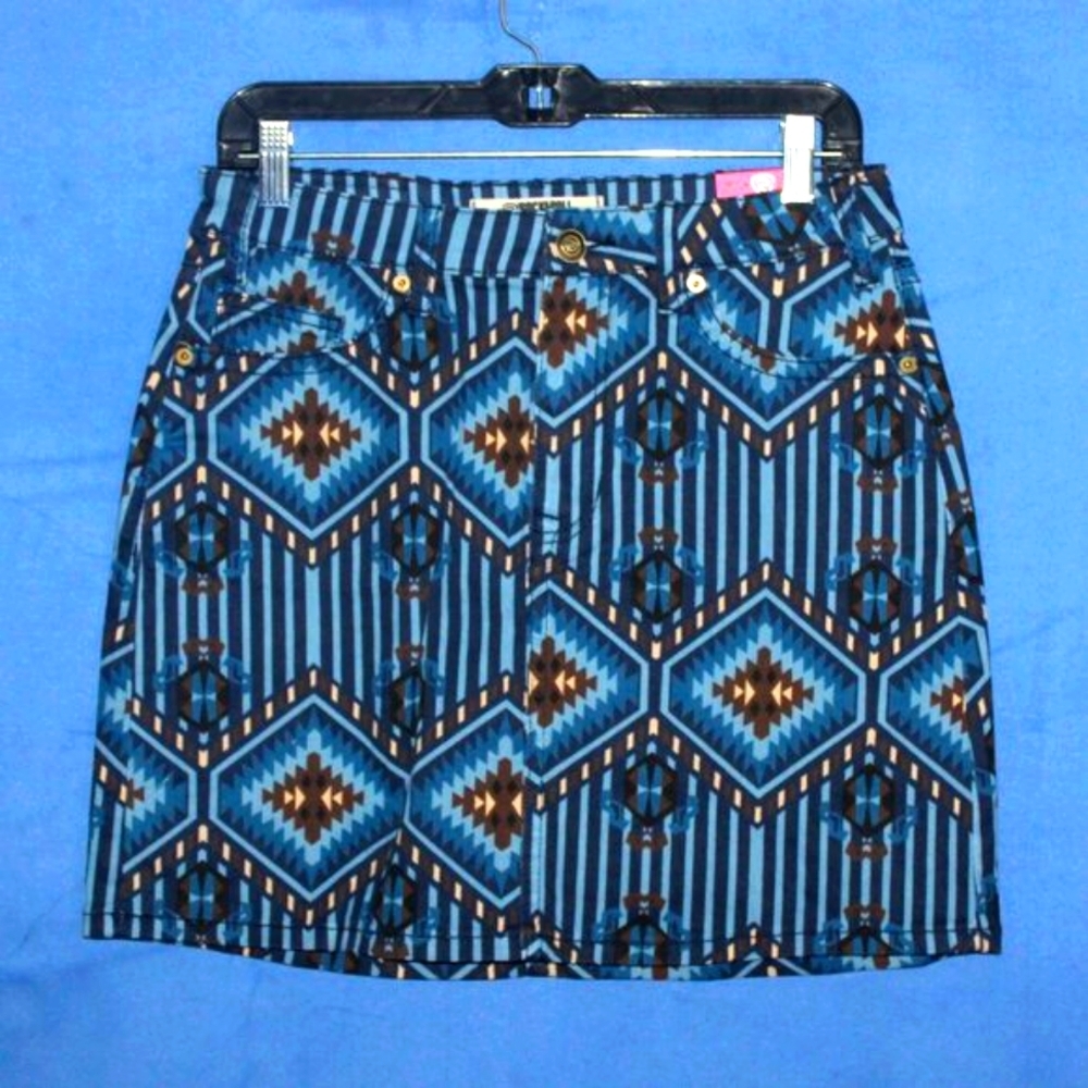 Rock & Roll Denim Aztec Print Mini Skirt Blue NWT